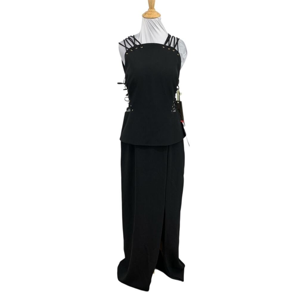 Mignon Dress Womens 12 Black Gown Lace Up Shoulders Cutout Sides High Slit Maxi
